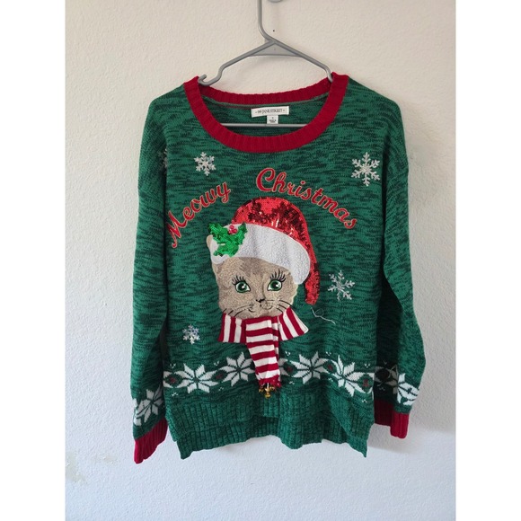 99 Jane Street Sweaters - 99 Jane Street Meowy Christmas Cat Sweater Green Sequin Jingle Bell Small
